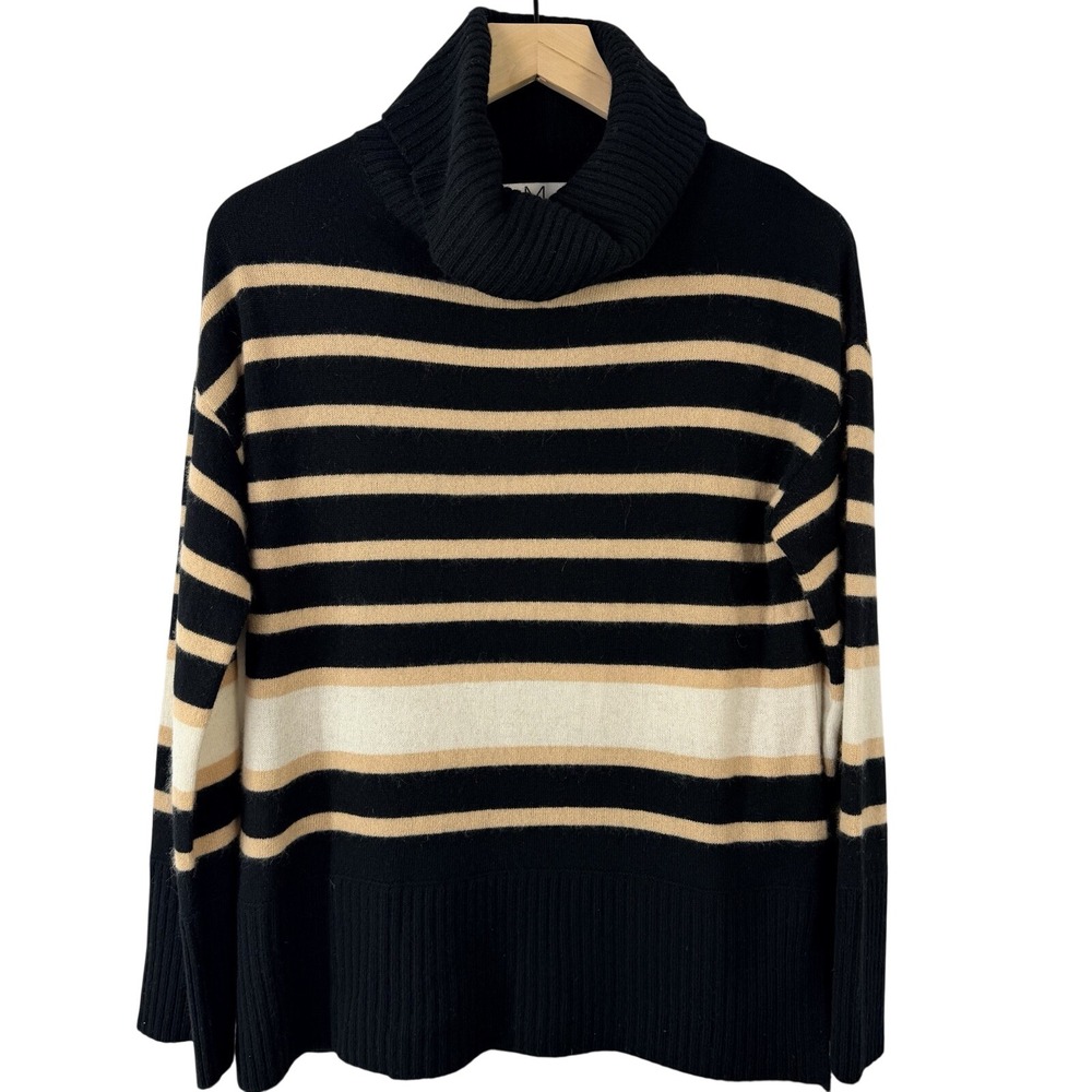 Magaschoni Womens 100% Cashmere Striped Cowl Neck Sweater Black Tan Medium